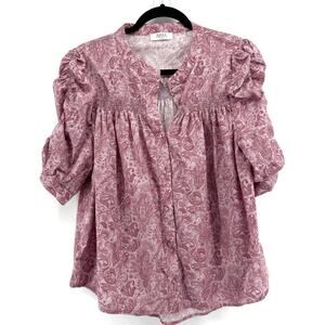 Avara Paisley Puff Sleeve Blouse Size XL Pink Floral Gathered Sleeve Smocked